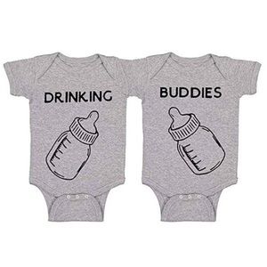 Like New! “Drinking Buddies” 0-3M Gray Shortsleeve Twin Bestie Onesie Pair